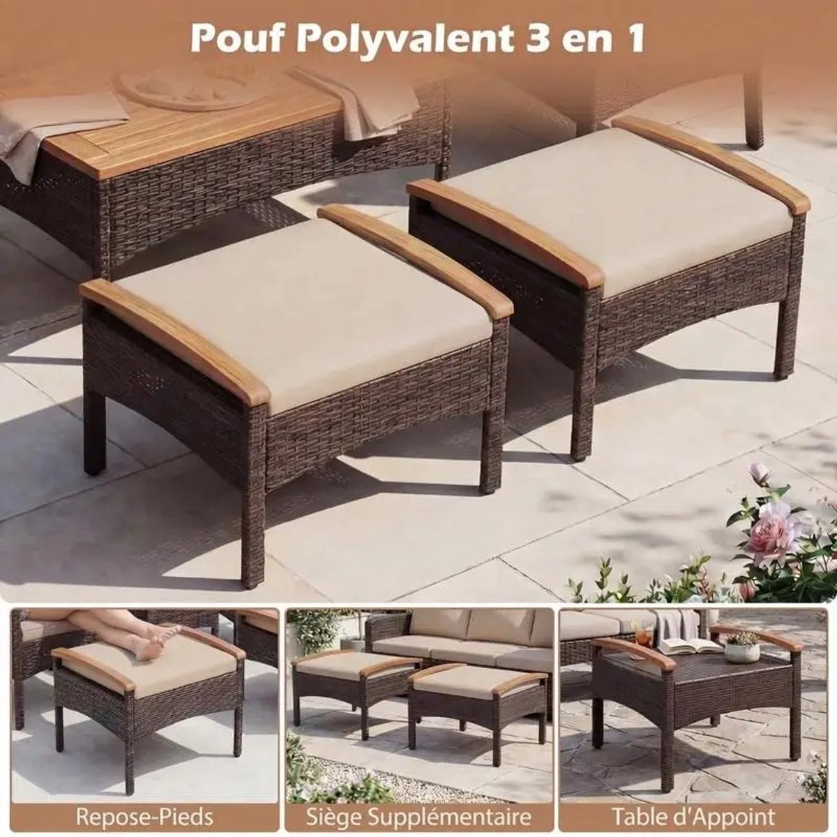 JHUBERS - Dailygoods 5-delige rotan tuinmeubelset: 2 fauteuils, 2 ottomanen en bijzettafel