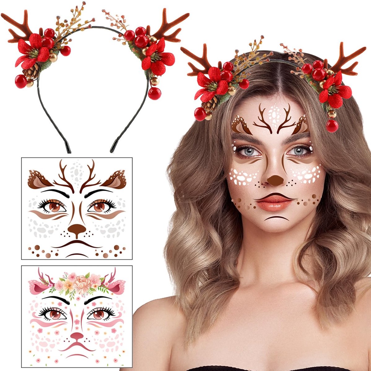 JHUBERS- Haarband met hertengewei - Gezichtstattoo - Kerstmis - Dames - Comfortabel materiaal - 1 stuk + 4 vellen - Feesthoed