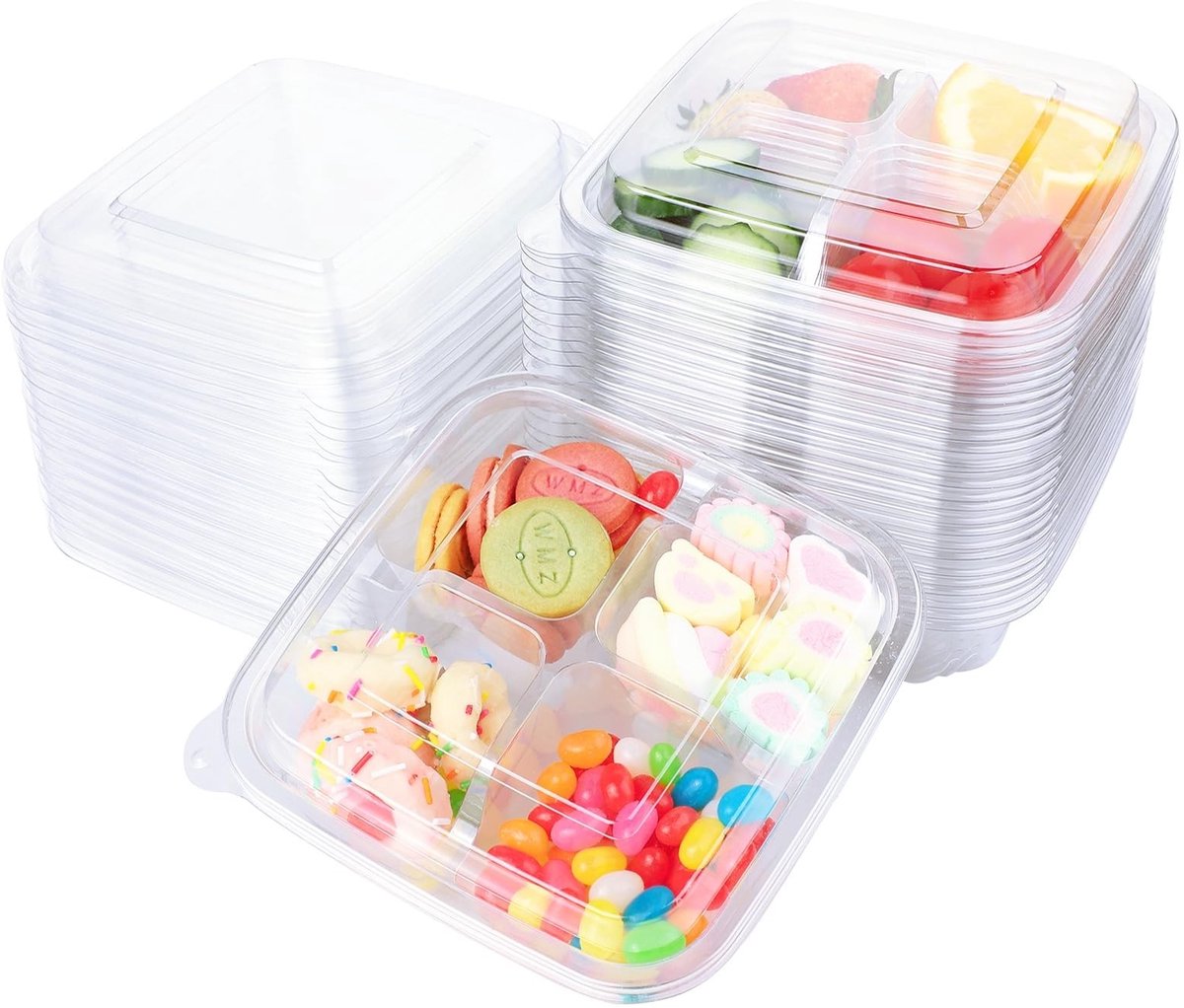 JHUBERS- Snackcontainer met 4 Compartimenten - Herbruikbare Snackdoos - Transparante Voedselcontainer - Lichtgewicht - Ideaal voor School/ Werk/ Reizen - Bento Box