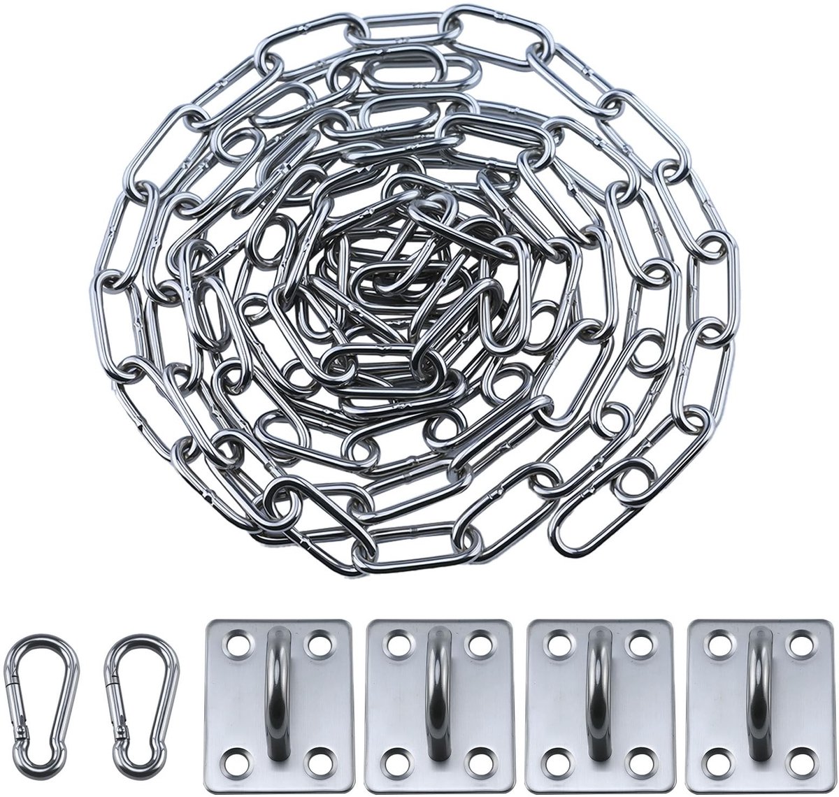 BRENZOOS- Roestvrijstalen Ketting - 2 x 1 m - Schakelketting met Karabijnhaak - Draagvermogen 70 kg - Inclusief Klemmen/Haken - Duurzaam en Waterdicht