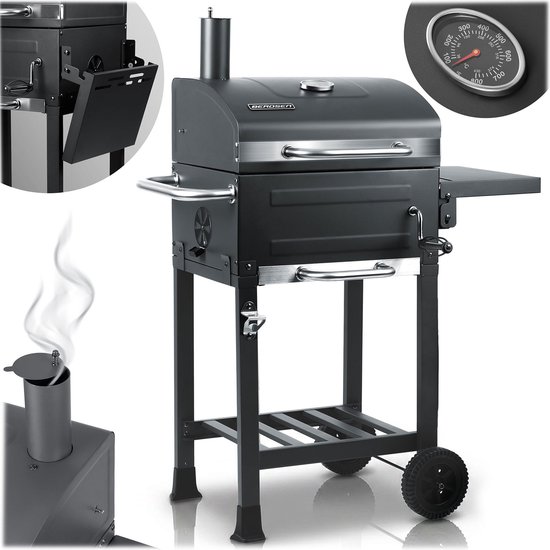 Zwarte Berdsen barbecue met temperatuurmeter, met uitklapbaar deel en rokende schoorsteen.