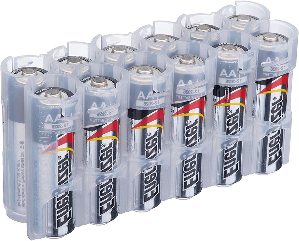 Batterijhouder - Batterij organizer - Batterijen bewaren - Eén hand bediening - 12 AA batterijen - Transparant