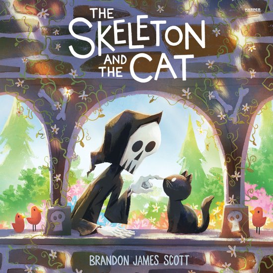 De kaft van 'The Skeleton and the Cat' toont een skelet in een zwarte kap, die liefdevol een zwarte kat aait. Twee kleine rode vogeltjes kijken toe.