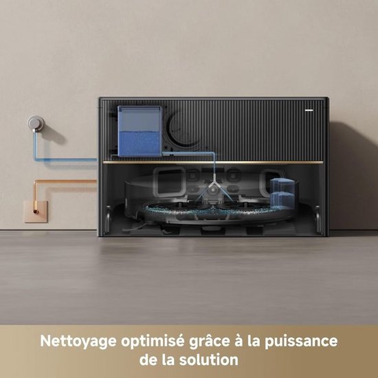 Gedetailleerde doorsnede van de robotstofzuiger die de watertoevoer naar de dweilfunctie toont. "Nettoyage optimisé grâce à la puissance de la solution."