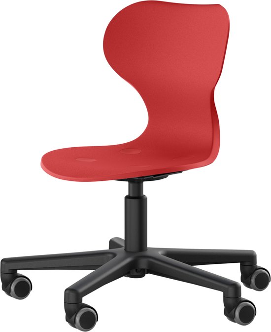 Rode Moll Lucky bureaustoel met ergonomische zitting en rugleuning, op een zwarte voet met wielen.