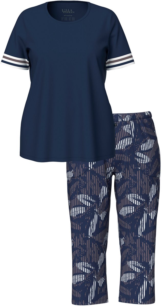 Ulla Popken - Dames - Pyjama ronde hals korte mouw 3/4-broek zakken - Nachtblauw - Maat 62+