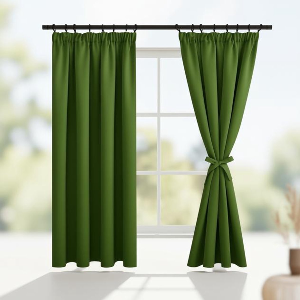 Maison Elara Verduisteringsgordijnen Plooiband met Riemen, Ondoorzichtige Luxe Gordijnen voor Woonkamer, 140x200 cm (B x H), Groen, 2 stuks