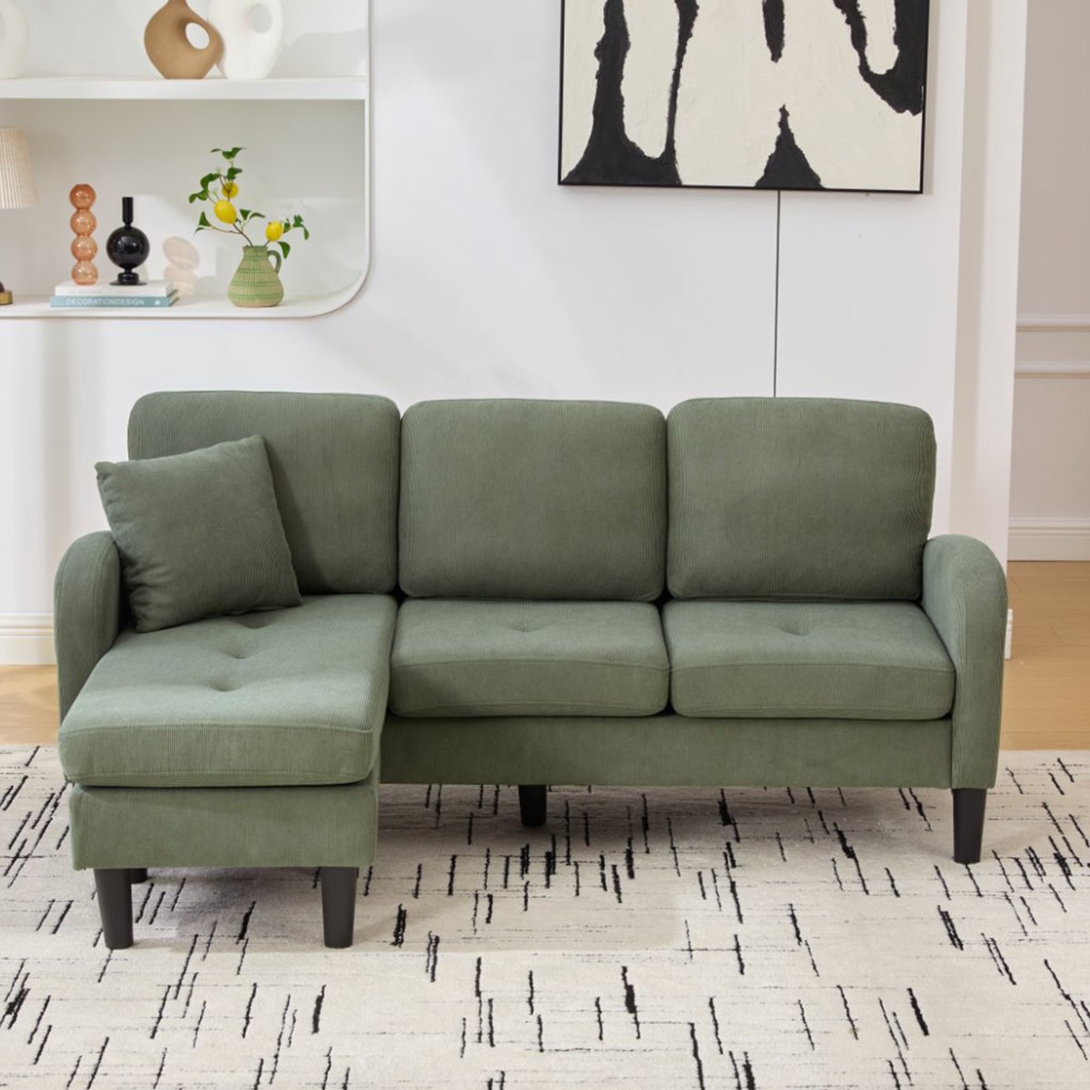 MODFU Hoekbank Met Liggedeelte - Modulair - 3-Zits - Voor Woonkamer Of Kantoor - Ribstof - Groen - 166 x 118 x 77 cm Groente