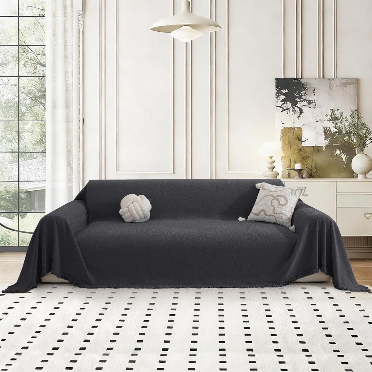 Chenille Plaid Bank - Bankhoes Beschermhoes - Bank Beschermen - Met Tassels - 180x340 CM - Donkergrijs