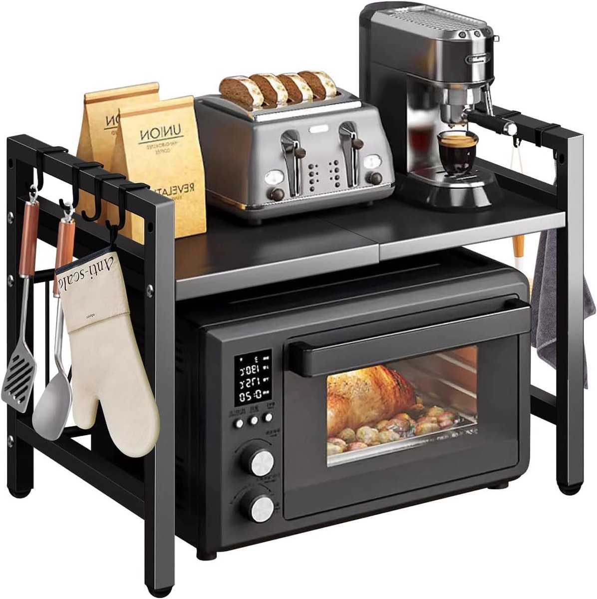 Uitbreidbaar Magnetronrek met 6 Haken, 2-laags Keuken Organizer voor Pannen en Grill, Stevige Carbon Staal Constructie, Breedte 40-60 cm, Ruimtebesparend en Functioneel