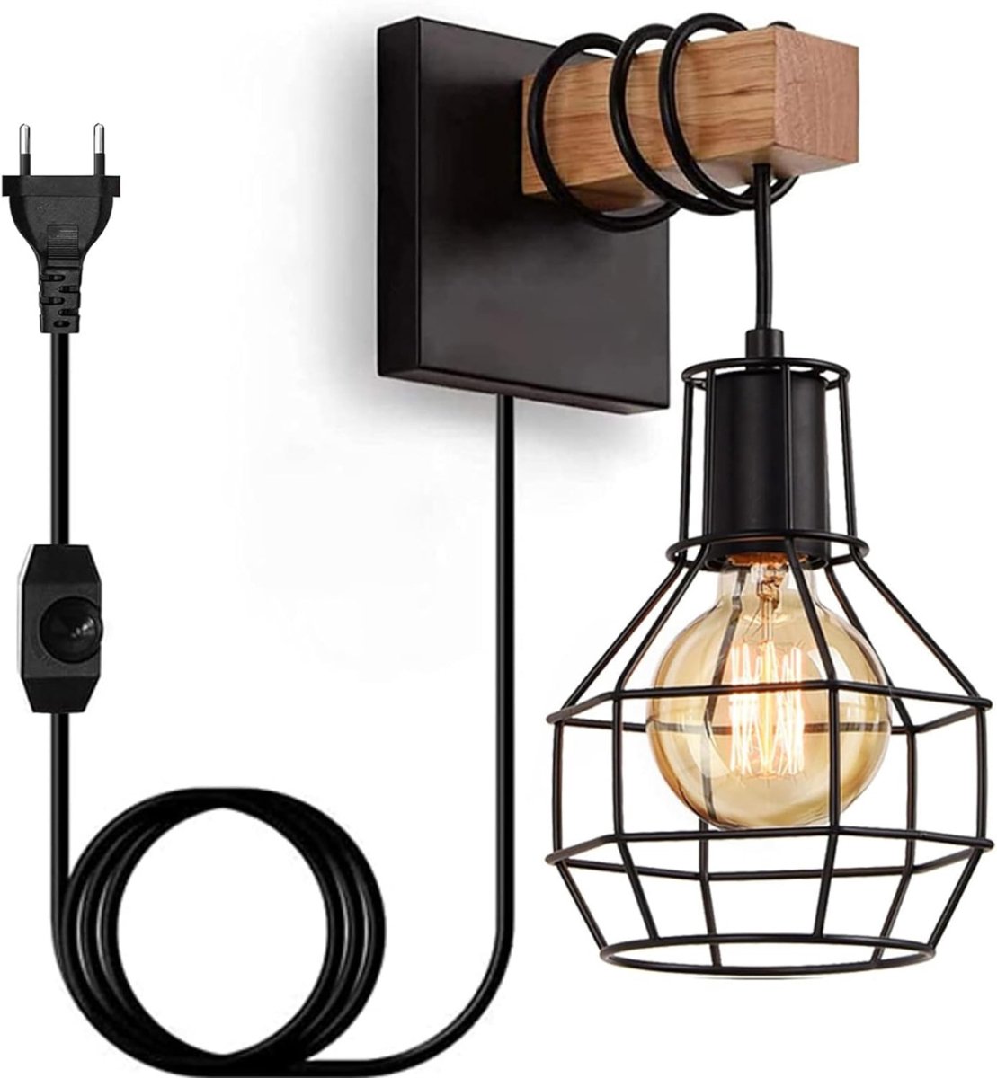MRKK® Wandlamp Binnen met Snoer - Wandlamp met Stekker voor Binnen - met Dimbare Schakelaar - Industrieel en Vintage - Slaapkamer Bedlampje