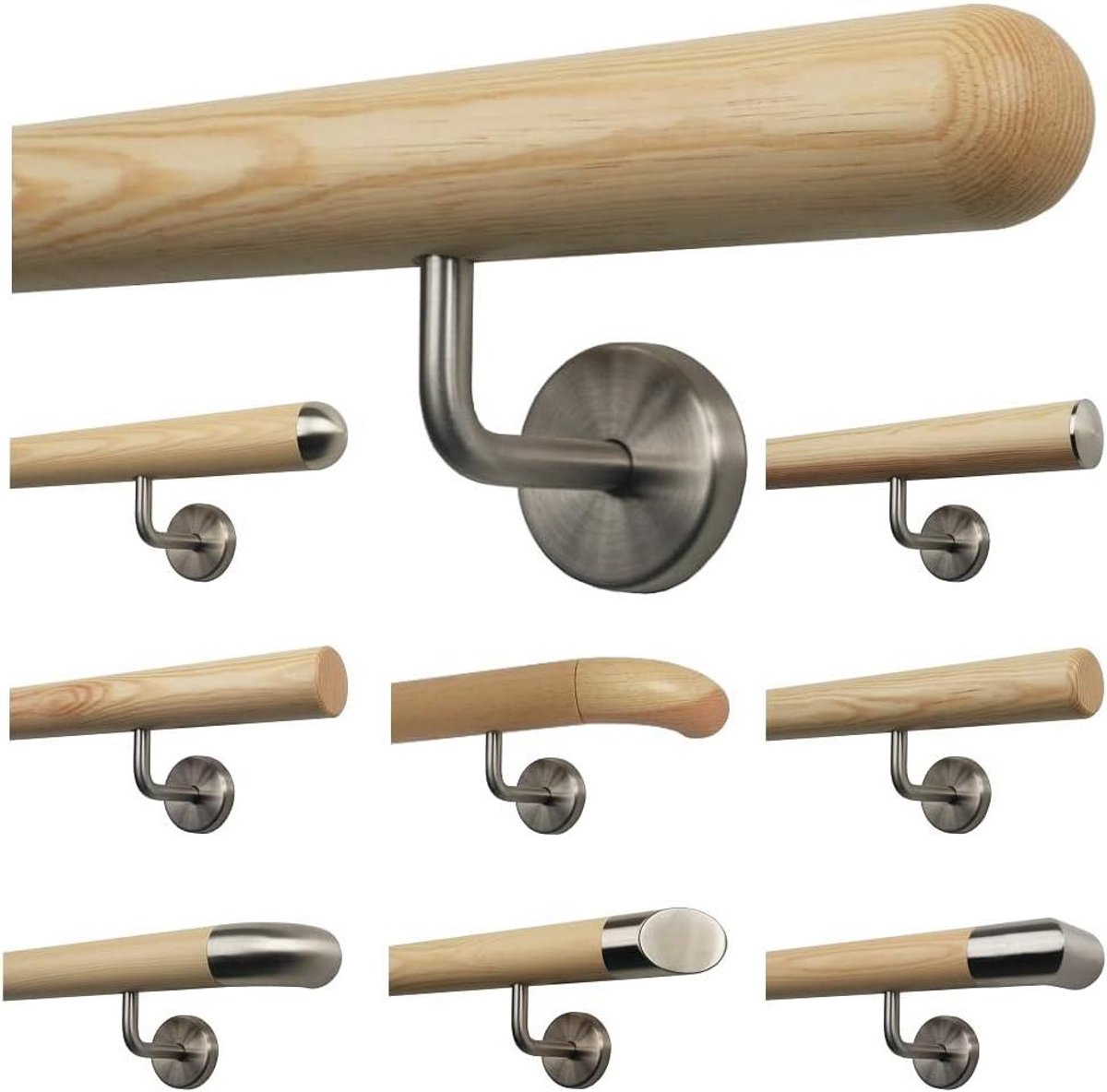 Houten trapleuning - Muursteun leuning - Veilig traplopen - Roestvrijstalen houders - 200 cm - Houtkleur