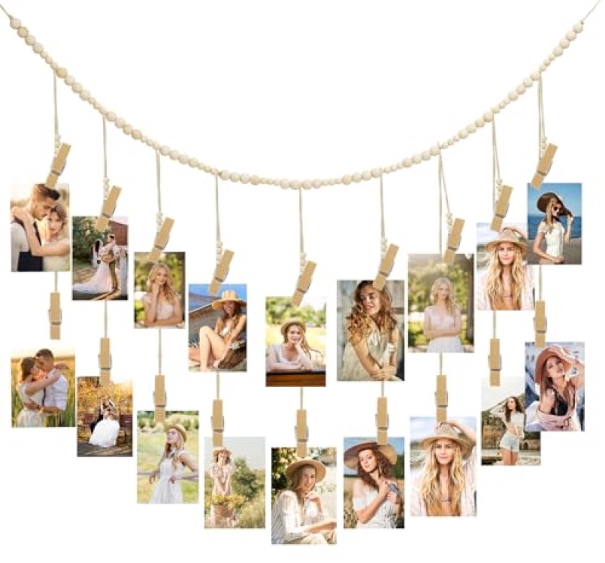 PromoHome Fotoslinger Boho fotowand met klemmen 115 cm - fotogordijn met 20 houten clips voor foto's, ansichtkaarten en notities - muurdecoratie zonder boren