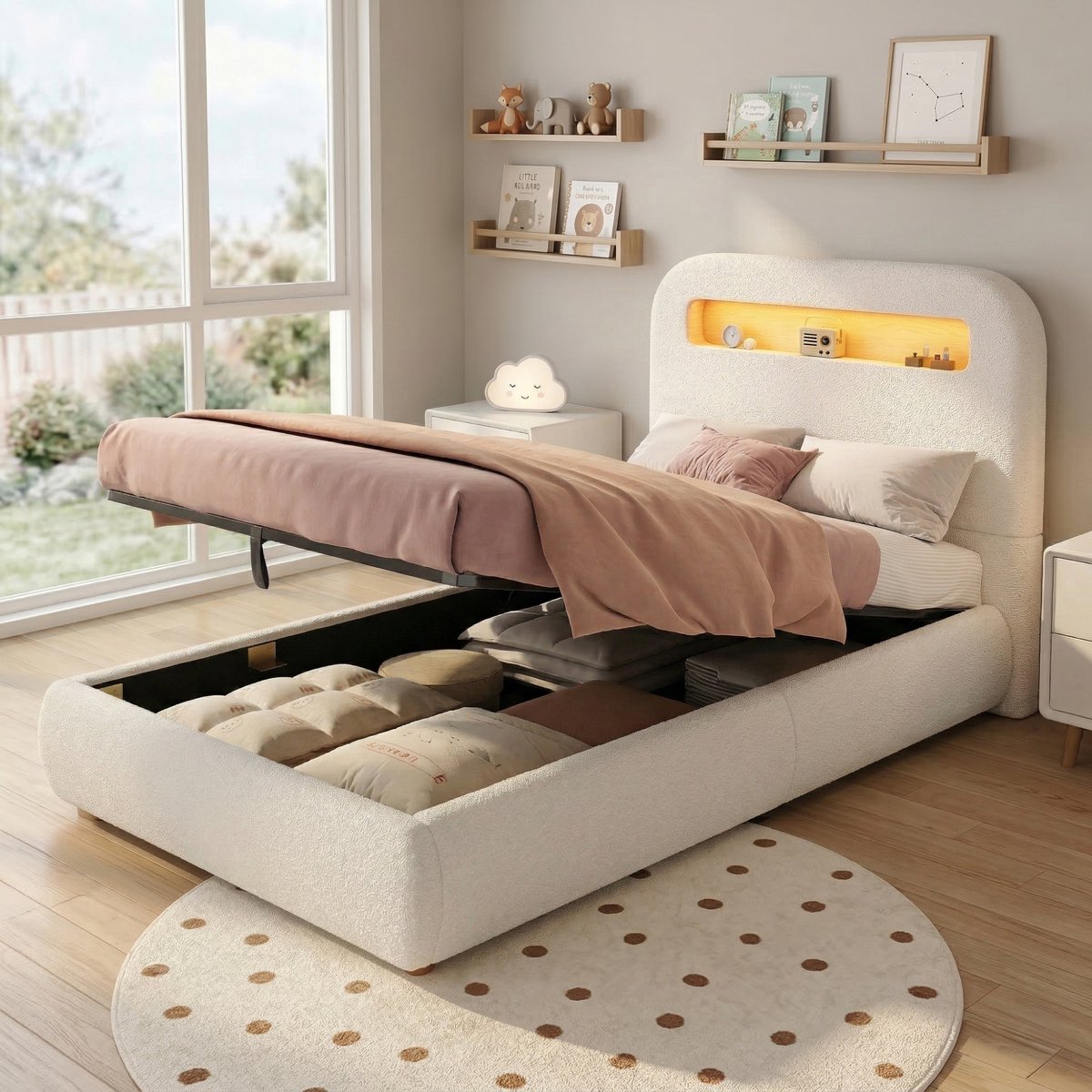 BLACKCOLORS Gestoffeerd bed, eenpersoonsbed, kinderbed 90 x 200 cm, hydraulisch functioneel bed, bed met lattenbodem, hoofdeinde en grote opbergruimte, ledverlichting, massief houten poten, wit, bouclé