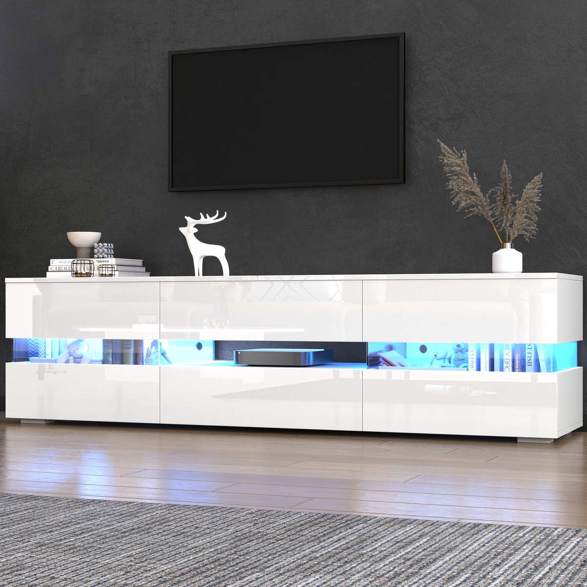 MODENUIT Tv-Meubel - Met Ledverlichting En Drukopeningssysteem - Voor Woonkamer - Spaanplaat Wit - 160x39x45 Cm