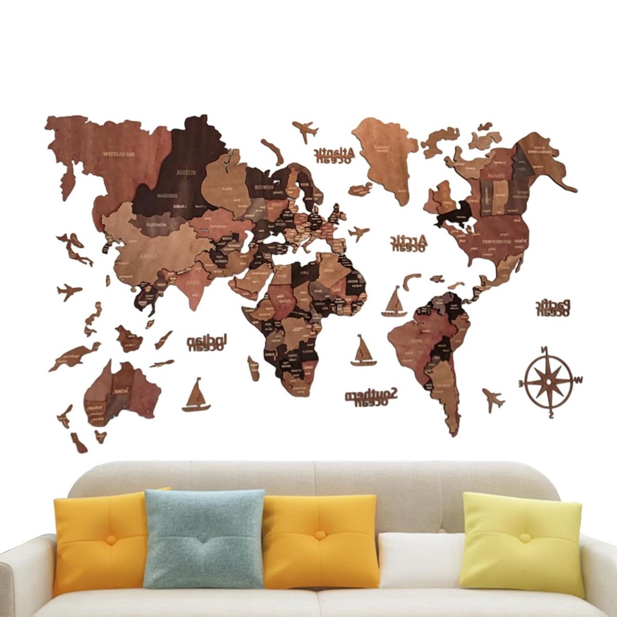 Wereldkaart Muurdecoratie - Decoratieve Kaart - Woonkamer Decoreren - Houten Afwerking - 100x60cm - Bruin