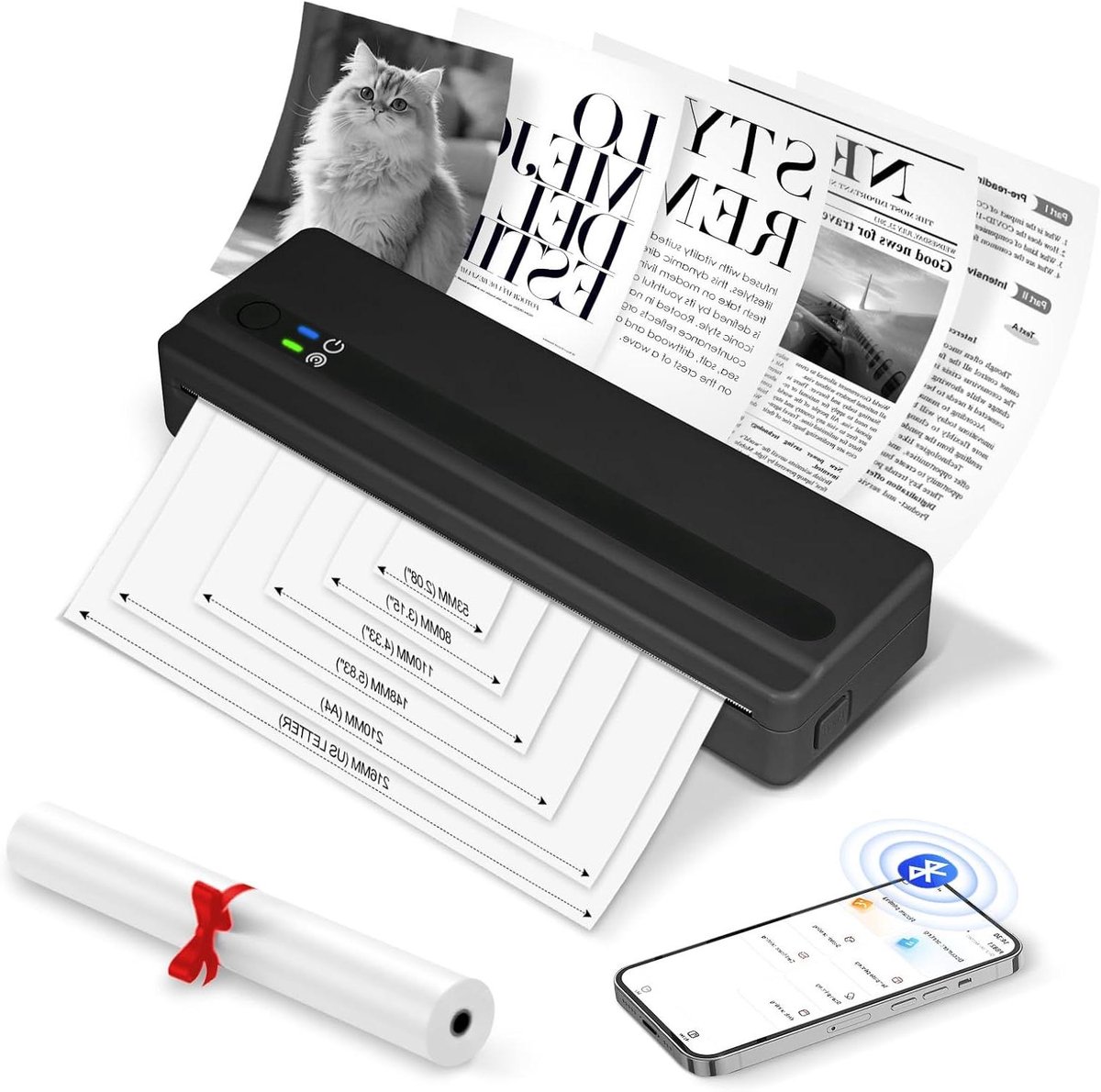 Draagbare Thermische Printer A4 Draadloos, Inktloze printer Bluetooth compatibel met Android&iOS telefoons en laptops, kleine printer voor thuis, bonnen, foto's, inclusief 1 thermische rol