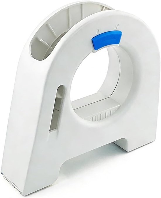Witte tape dispenser met een blauwe knop en een grote ronde opening.