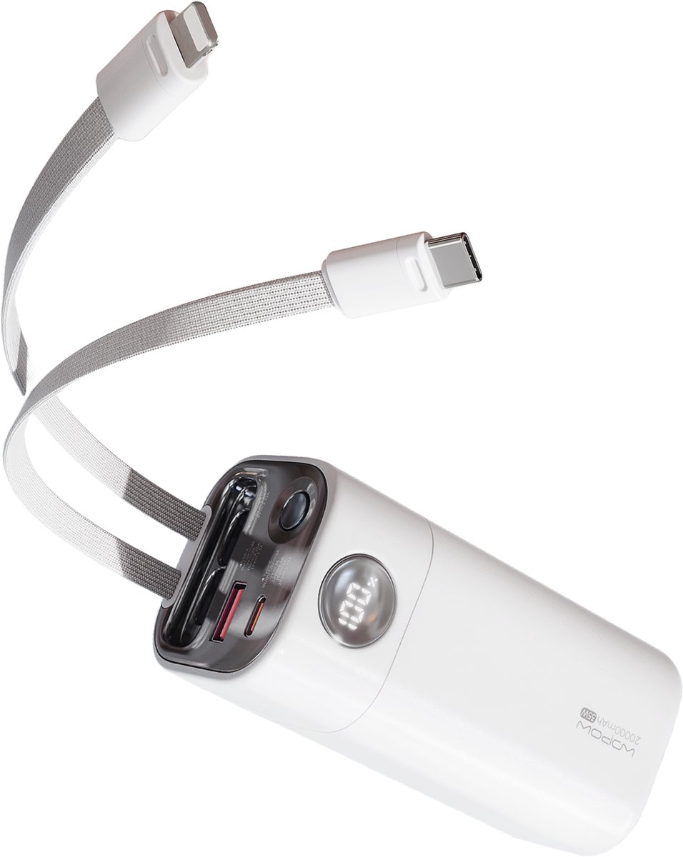 Wopow Powerbank met ingebouwde USB-C & Lightning kabels + USB-A & USB-C poorten, SQ78, 20.000mah, 35W, Wit, 6979180930008
