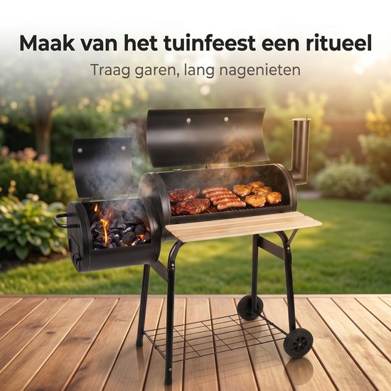 Lomera Smoker BBQ - Smokerbarbecue - Houtskool BBQ - Rookoven - Houtskoolbarbecue - Offset Grill - Rookgrill - Op Wielen - Met Thermometer - Buitenkeuken - Tuin Barbecue - Grillrooster - BBQ Roker - Smoker Grill - Barbecue Smoker van Lomera — afbeelding 4
