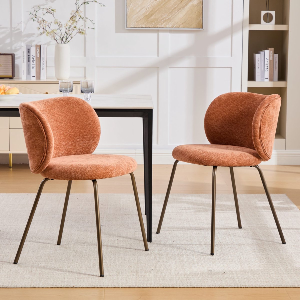 Clruro Eetkamerstoelen - 2 Stuks - Gebogen Rugleuning met Bronzen Poten - Chenille en Metaal - Oranje