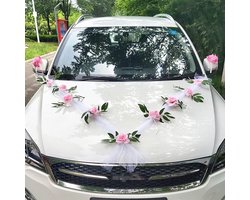 Car Decoration Wedding Bonnet Suction Cup Wedding Decoration Car Flowers Decoration Wedding Car Vintage Car Wedding Jewelry Set with Car Bows Mirror Bouquet Artificial Flowers Roses Tulle (White-Pink)