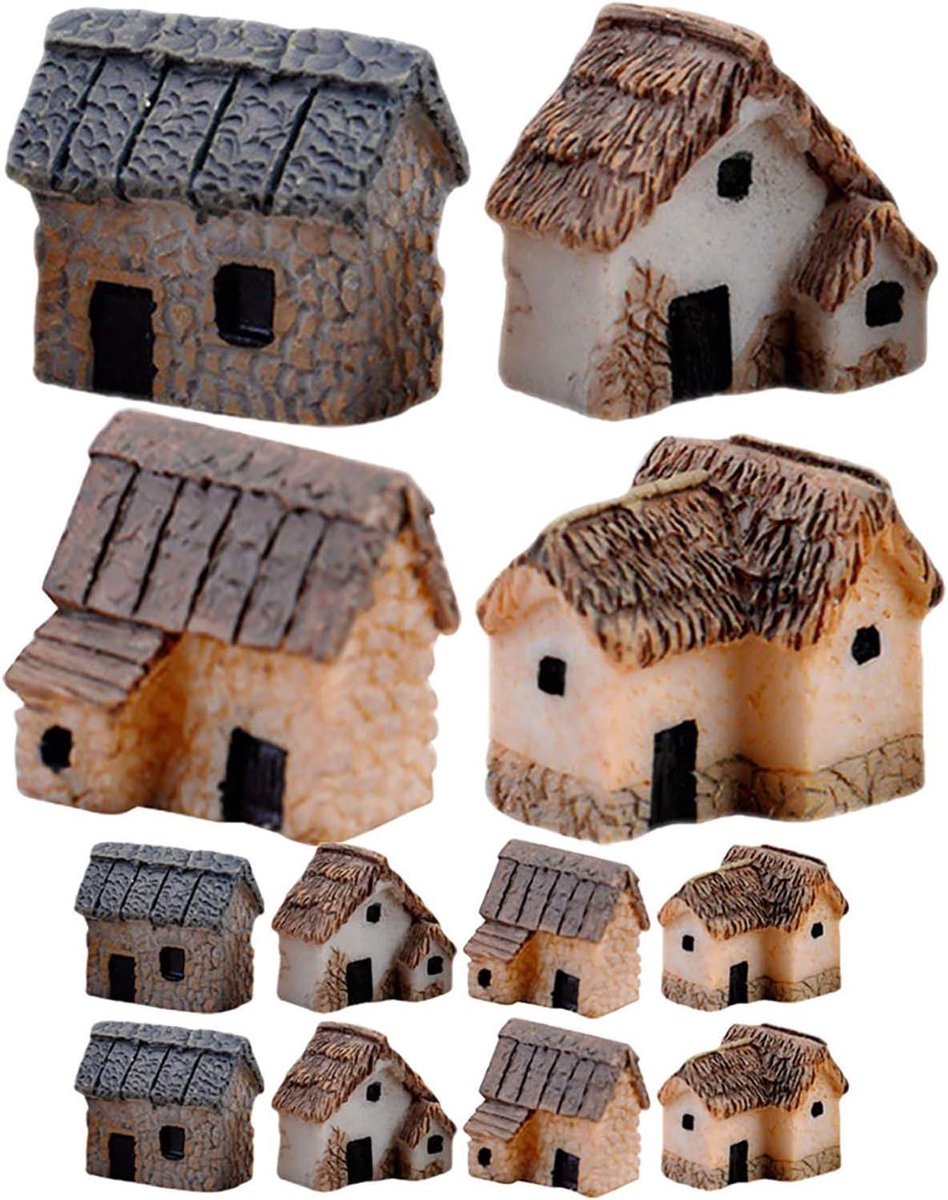 20 stuks mini-dorpshuisjes van hars - Miniatuur huisjes van hars met moslandschapsdecoratie - Sprookjesachtig tuinhuisje voor tafeldecoratie, bloempotten en micro-landschapsdecoratie