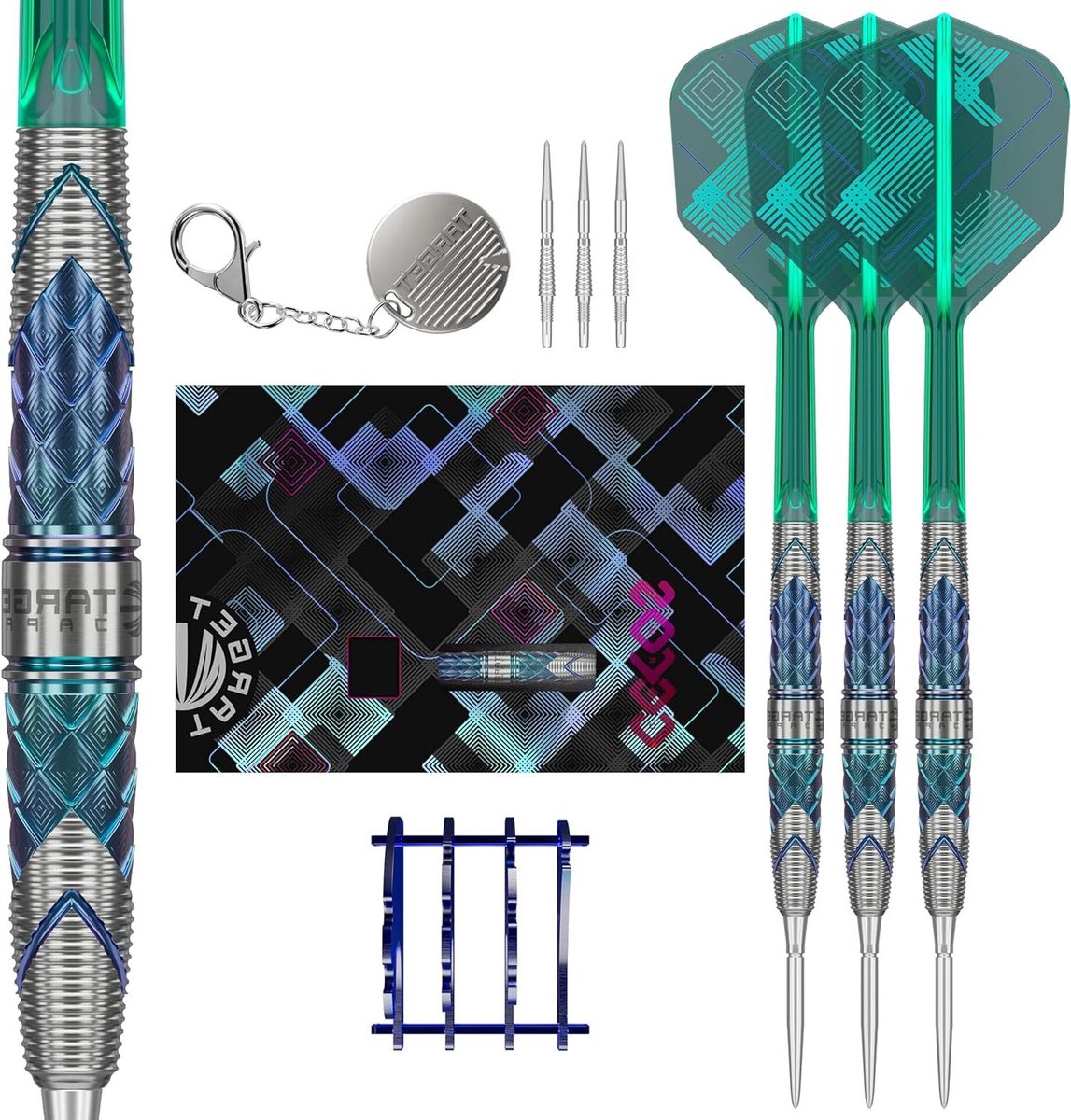 Dartset Wolfraam - Stalen Pijl - Precisie Werpen - Geïntegreerd Shaft Systeem - 23 gram - Blauw Groen