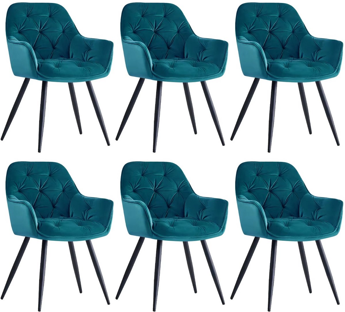 Whoopr® Set van 6 Fluwelen Eetkamerstoelen met Armleuningen – Gestoffeerde Stoelen met Dikke Zitting en Rugleuning – Moderne Accentstoelen met Metalen Poten – Voor Eetkamer, Woonkamer & Lounge Blauw