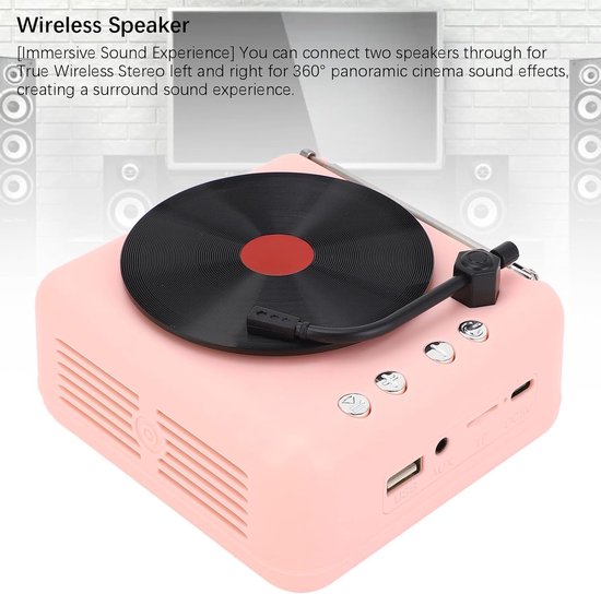 BT5.0 stereoluidspreker, retro platenspeler design, 1200mAh batterij, roze — afbeelding 4