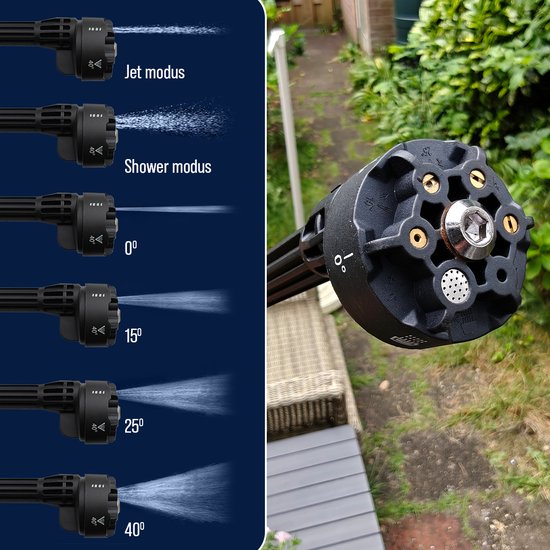 BluMill Hogedrukreiniger op Accu - Draadloze Hogedrukspuit - 6 in 1 Spuitkop - 5 m Waterslang - Voor Auto, Tuin en Camping van BluMill — afbeelding 4