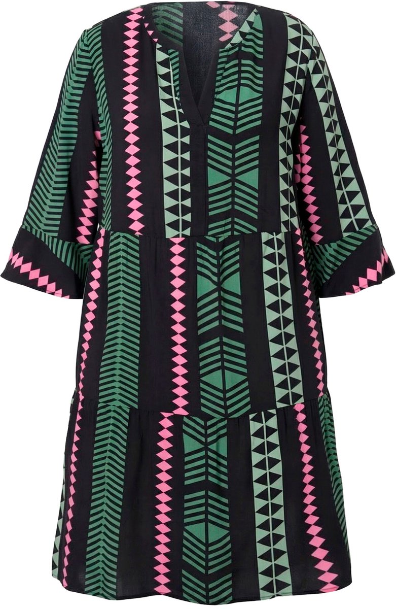 Ulla Popken - Dames - Jurk grafische print tuniekhals 3/4-mouwen - Donker eucalyptus - Maat 54+