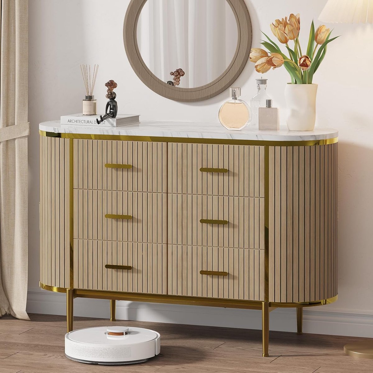 Modern Ladekast met 6 Laden - Commode met Ribbelpatroon en Marmerlook Blad - Eiken met Gouden Accenten - TV-Meubel & Dressoir voor Slaapkamer en Woonkamer - 120 x 40 x 80 cm