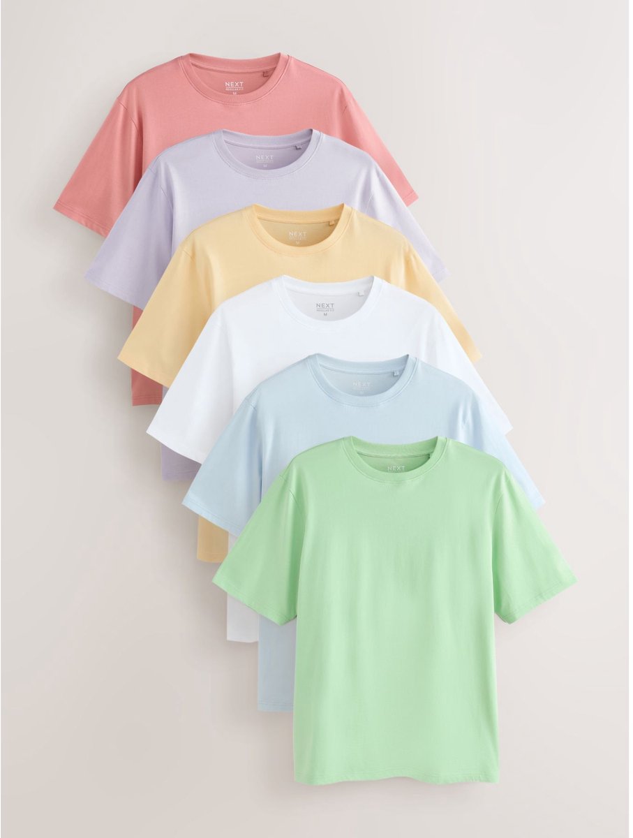 Next - Heren - Set van 6 basic T-shirts van katoen met standaard pasvorm - Wit