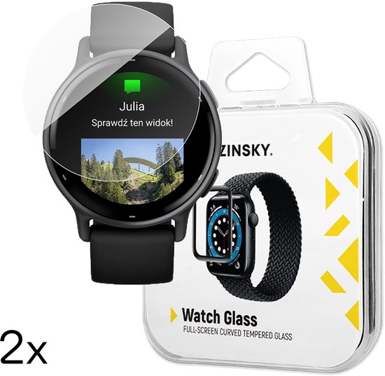 Twee Wozinsky screenprotectors voor de Garmin Vivoactive 5 in verpakking. Eén op een zwarte smartwatch, de ander op een placeholder.