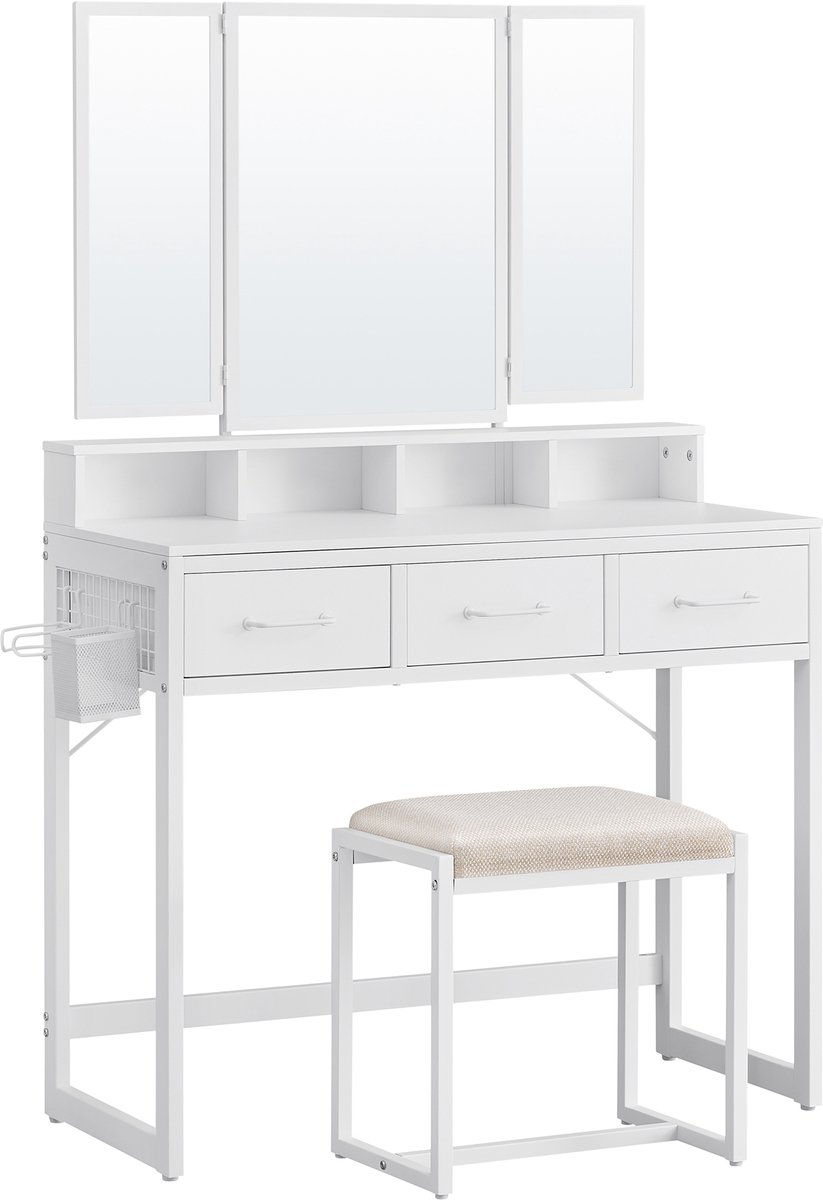 VASAGLE - Kaptafel - Kaptafel met Driedelige Spiegel - Inclusief Krukje - 3 Lades - Föhnho