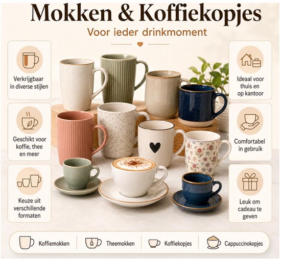 Collage met verschillende mokken en kopjes. Links: vier mokken met cirkelvormige handvatten, patronen en teksten. Rechts: diverse mokken en kopjes in verschillende kleuren en stijlen, met iconen die functionaliteit beschrijven.