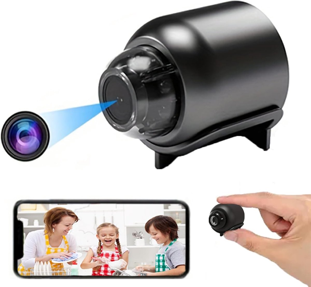 Verborgen camera's, mini-nannycam voor slim huis, kleine binnen- en buitencamera met weergave op afstand, compatibel met Android en iOS, baby- en huisdierbewaking, autobewaking [zonder geheugenkaart]