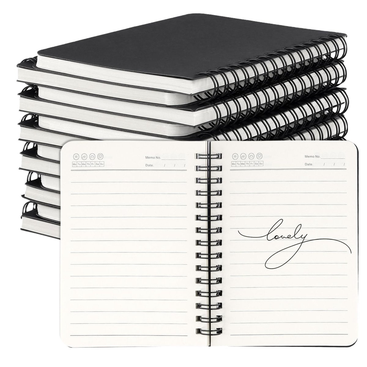 Dailygoods- Notitieblok A6 - 12 Stuks - Gelinieerd - Spiraalblok - 50 Vellen - Compact Formaat 14 x 10,2 cm - Zwart Design - Notitieboek