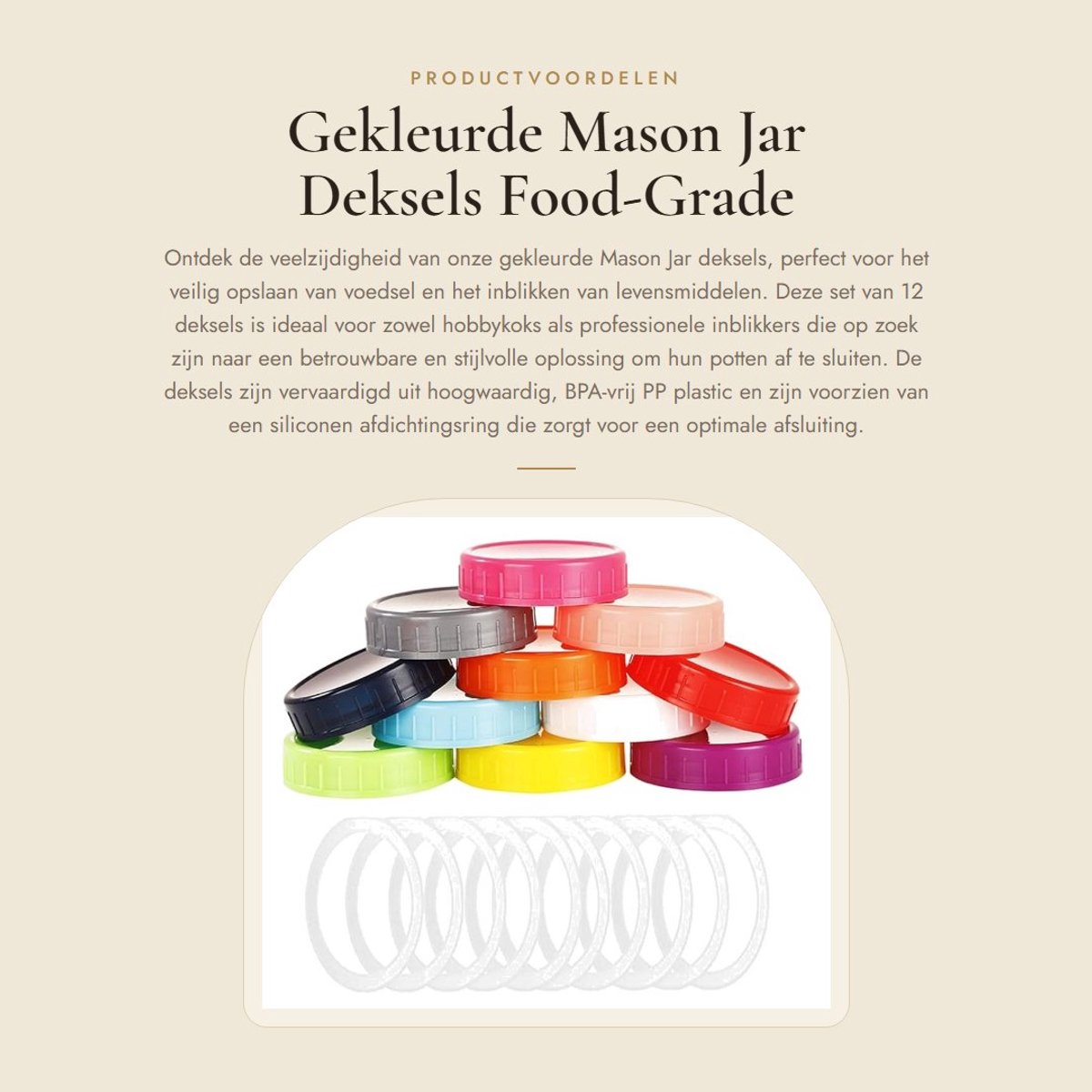 Dailygoods- Mason Jar Deksels 12 Stuks - Food-Grade Plastic - Siliconen Afdichtring - Vaatwasmachinebestendig - Mix Kleur - Duurzaam en Sterk - Potdeksel