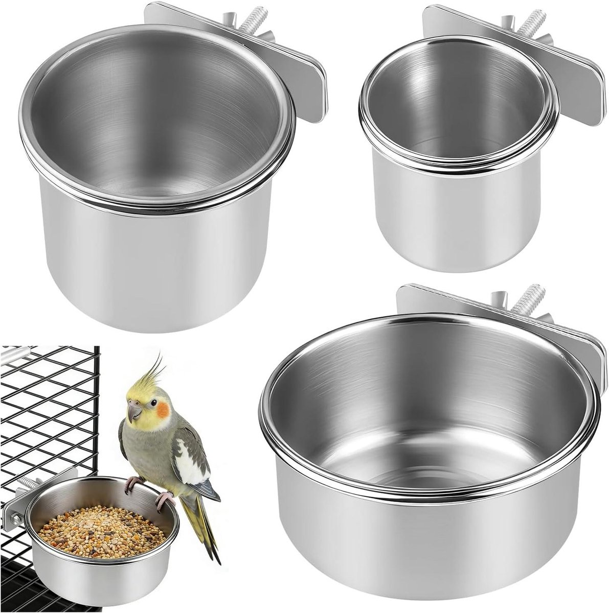 Voederbak Set - Voerbakjes Kooi - Dieren Voeren - Roestvrij Staal - 3 Maten - Zilverkleurig