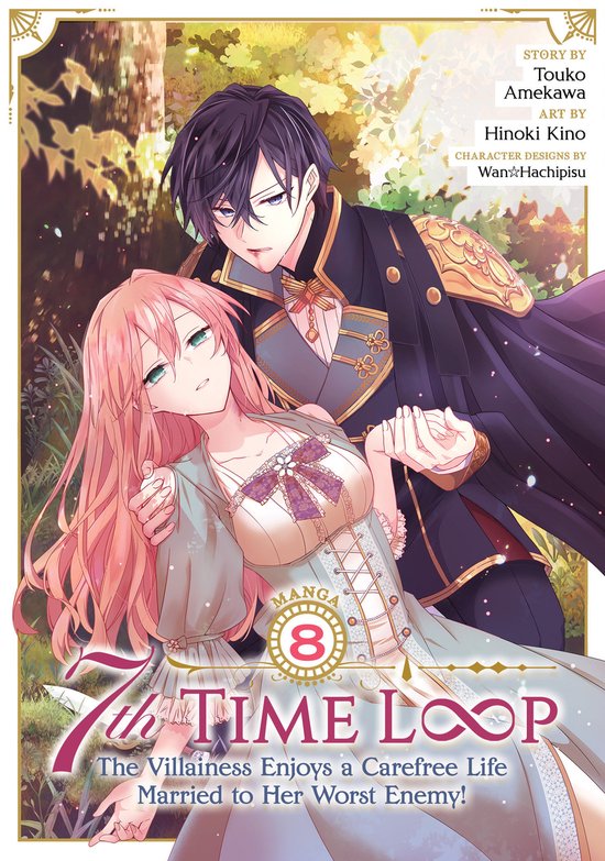 De manga "7th Time Loop" deel 8, met een man met donker haar in een outfit uit de 18e eeuw en een vrouw met lang roze haar.