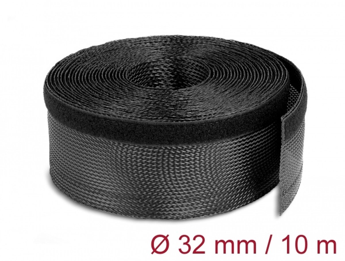 Gevlochten sleeving met haak-en-lus bevestigingsmiddel 10 m x 32 mm zwart