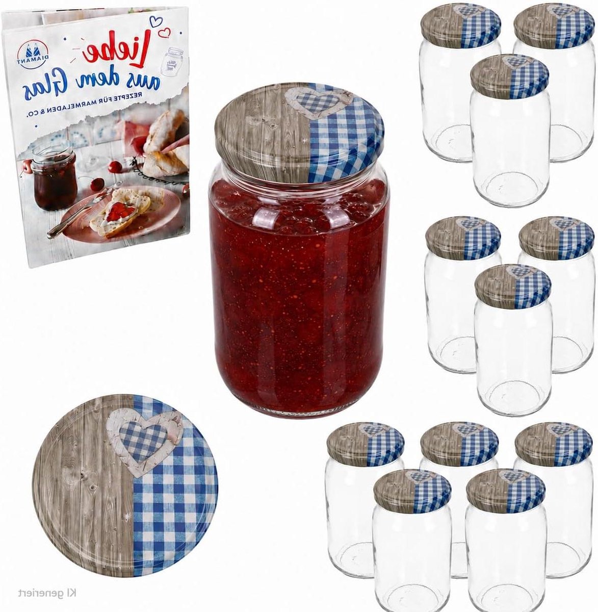 Set weckpotten - Voorraadpotten inkoken - Luchtdicht bewaren - Vaatwasser ovenbestendig - 720 ml 12 stuks - Hout hart blauw