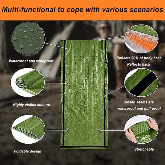 Overlevingsslaapzak - Thermo deken - Outdoor avonturen - Waterdicht materiaal - 3-persoons - Leger Groen — afbeelding 3