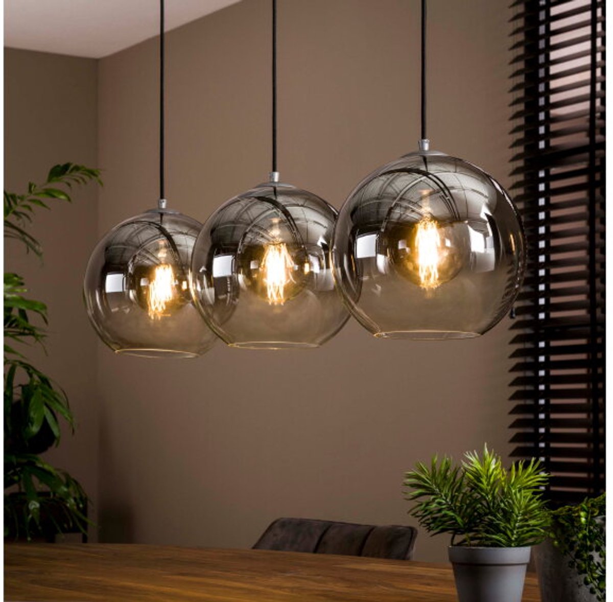Hanglamp van 3 Bubble Lampen Bollen met Rookglas - Oud Zilver - Woonkamer - Eettafel - Slaapkamer - Sfeer Verlichting - In Hoogte Verstelbaar tot 150 cm