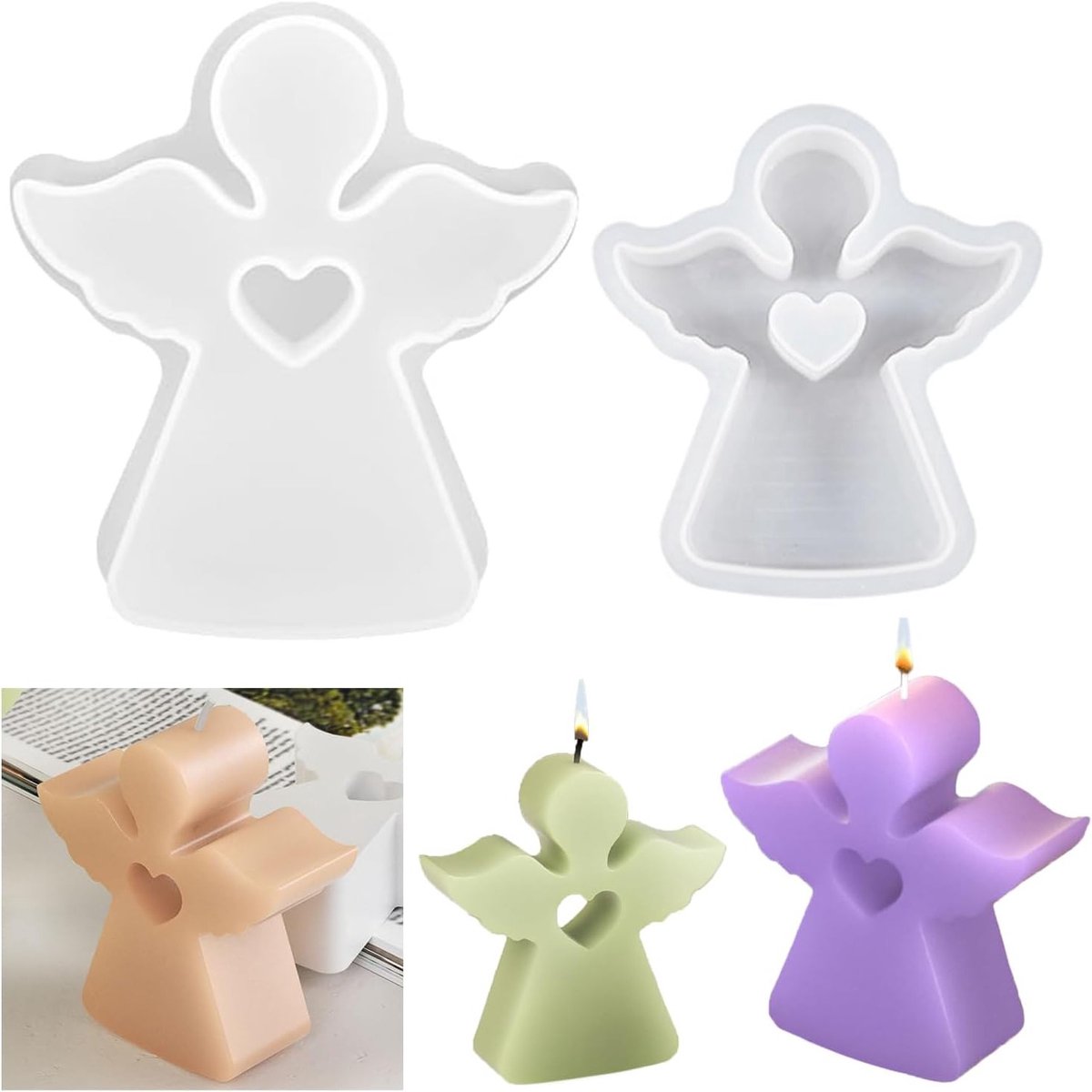 Set van 2 Hartvormige Engel Kaarsen Mallen - 3D Silicone Moulds voor Creatieve DIY Kaarsen, Herbruikbaar en Perfect voor Ambachtelijke Projecten