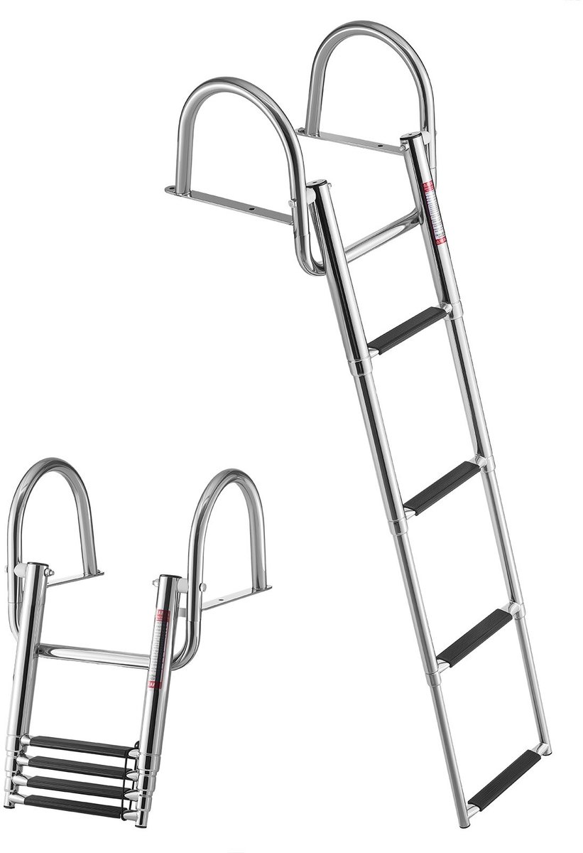 Bootladder - Telescopische zwemtrap 4 treden - Antislip Pedalen - Met Leuning - Draagvermogen 272 kg - Roestvrij Staal - Voor Steiger Ponton Zwembad