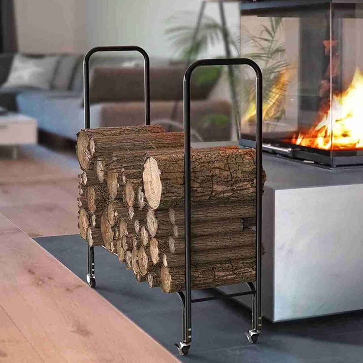 Houtrek met wielen - Brandhout opslag - Buitenhaard - Stevige stalen constructie - 122 cm breed - Zwart