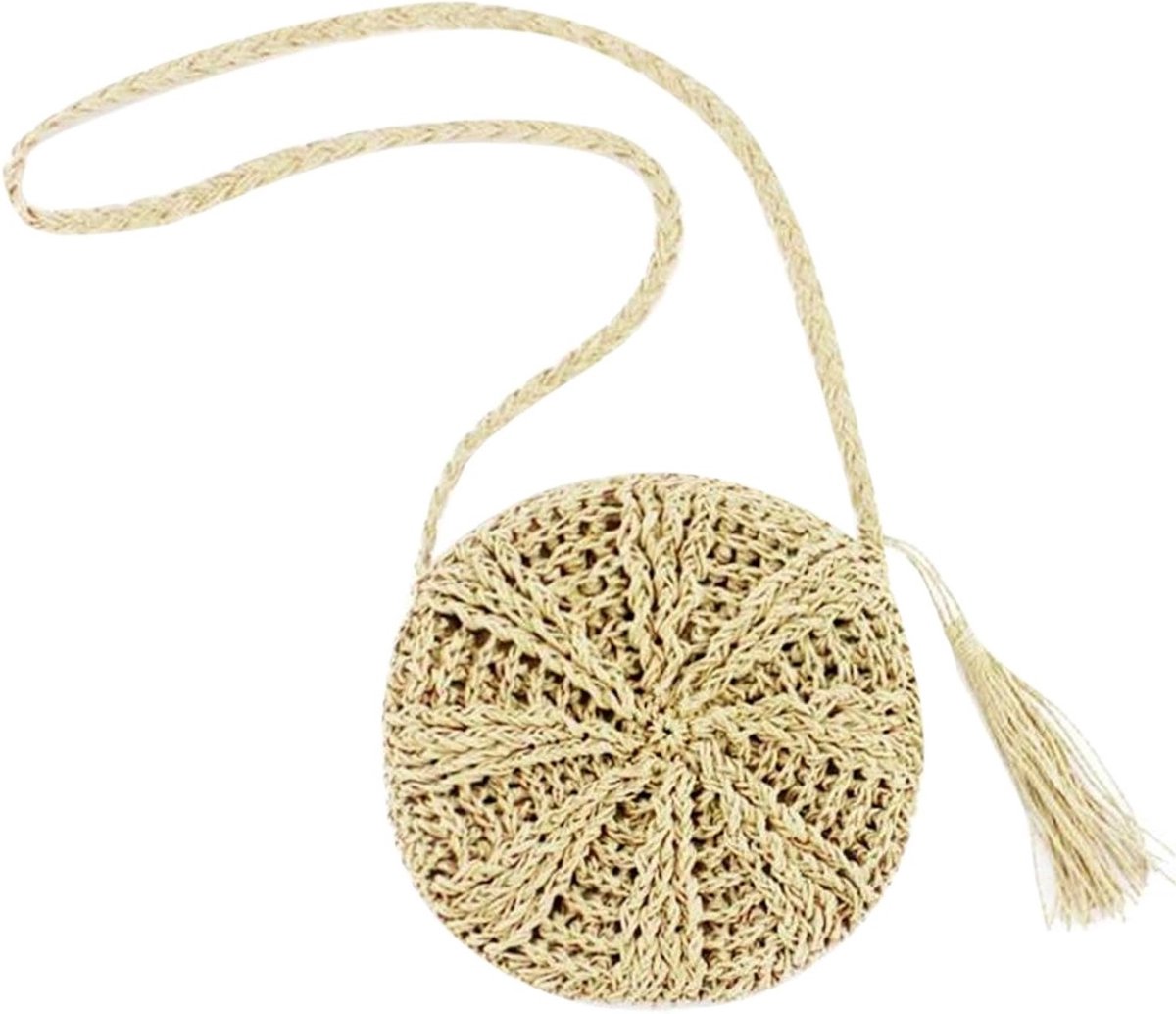 Ronde Stro Strandtas voor Dames, Gehaakte Handtas met Kwastjes, Ideaal voor Zomer en Strandgebruik, Beige Woven Crossbody Bag